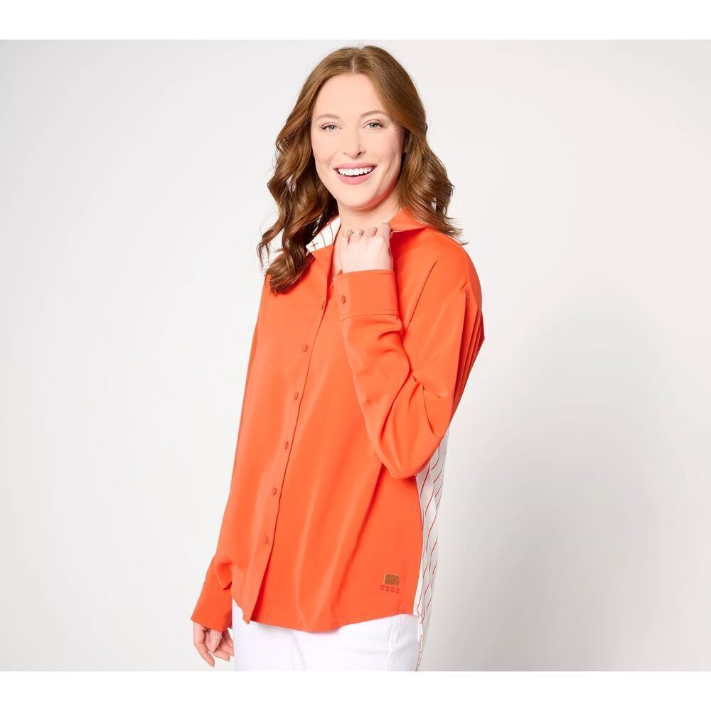 Peace Love World Women's Relaxed Woven Button Up Shirt, Orange, Size XXS